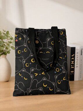 Black Cat Canvas Tote Bag Cartoon Yellow Eyes Halloween Goth